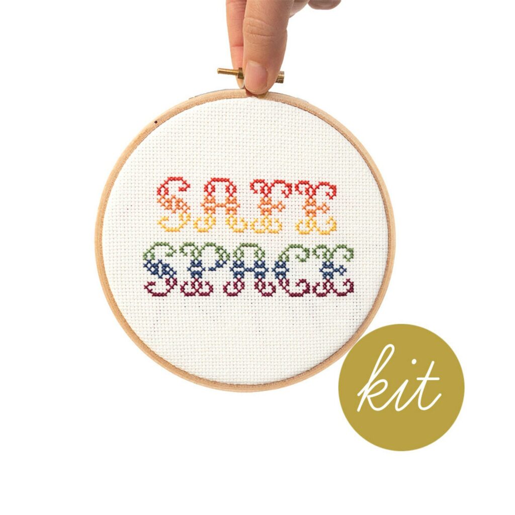 Image of the completed Safe Space, Modern Cross Stitch Kit in Cream from the Junebug and Darlin shop